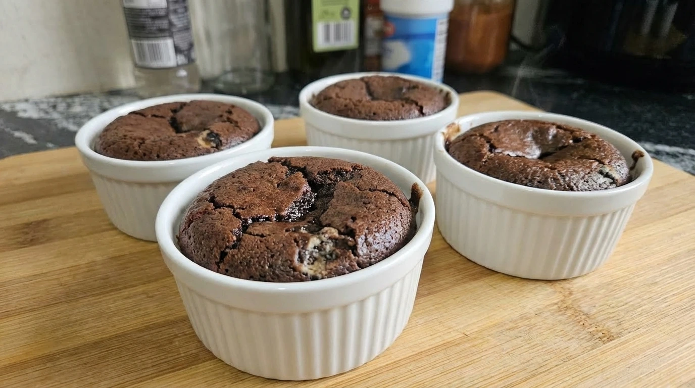3 Ingredient Oreo Dessert baked in white ramekins with cracked tops and soft cookies and cream texture