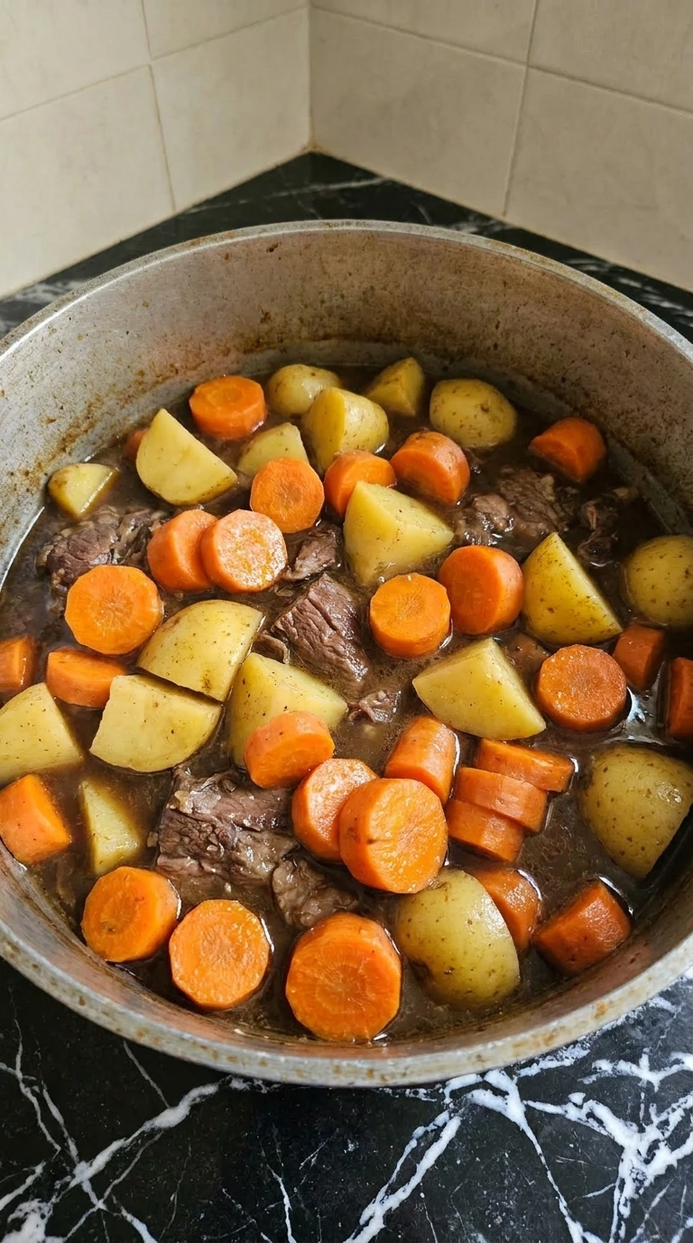 Orange carrots and Yukon gold potatoes added to Irish Beef Stew