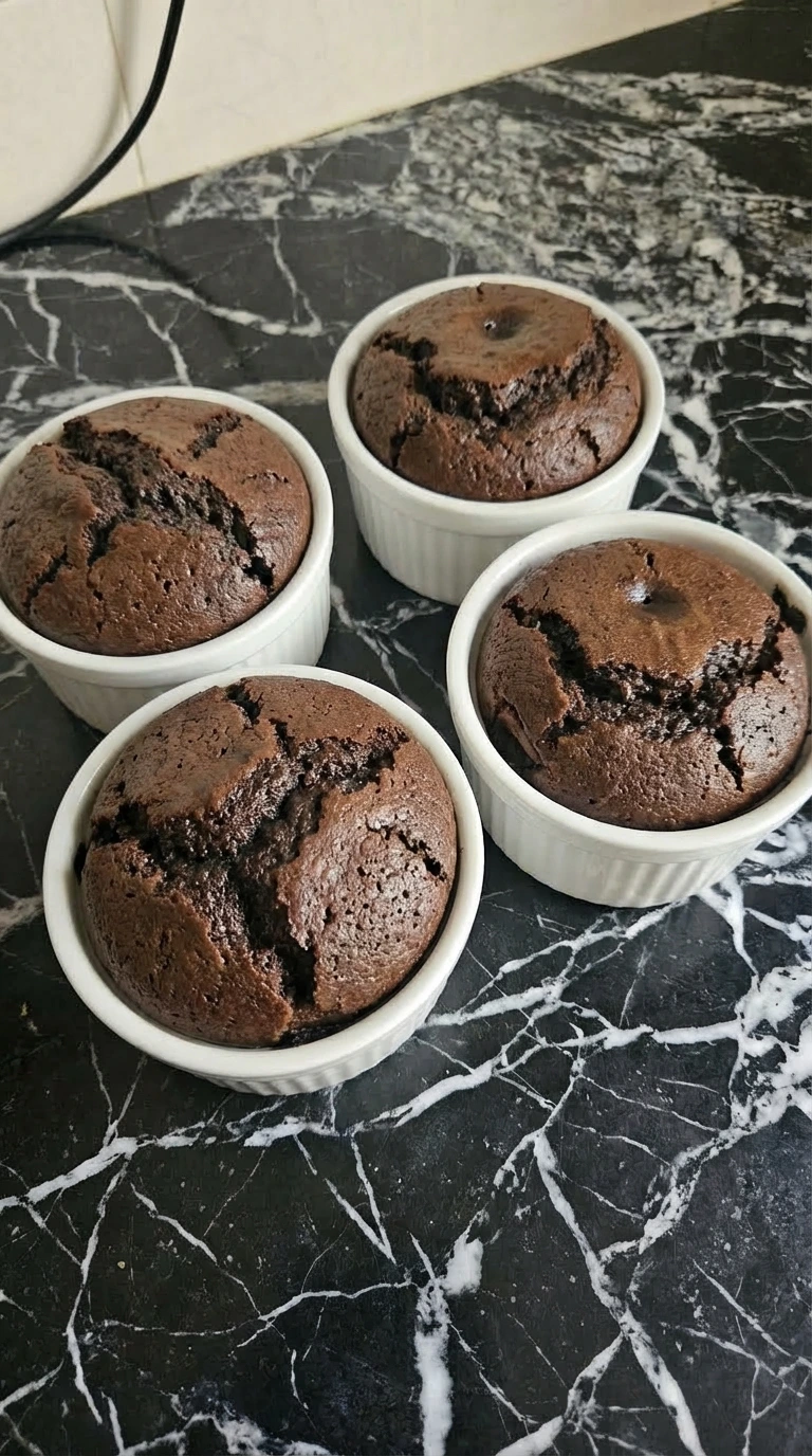 Baked Oreo dessert in ramekins with cracked tops and darker edges