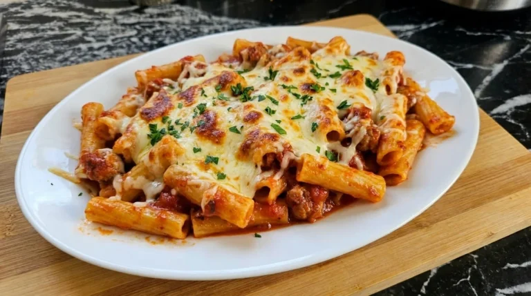Baked Ziti Recipe with ziti rigati and mild Italian sausage and melted mozzarella.