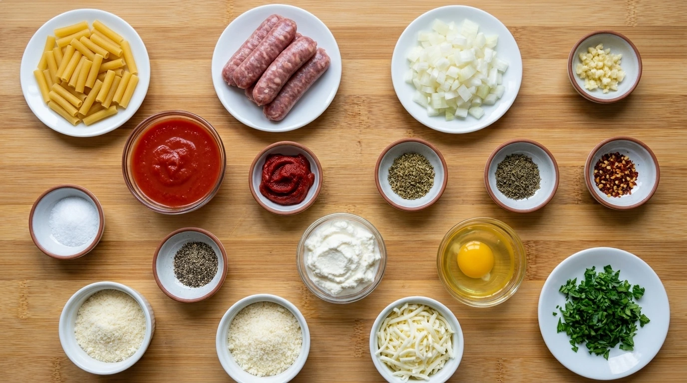 Raw ingredients for Baked Ziti Recipe in separate containers.