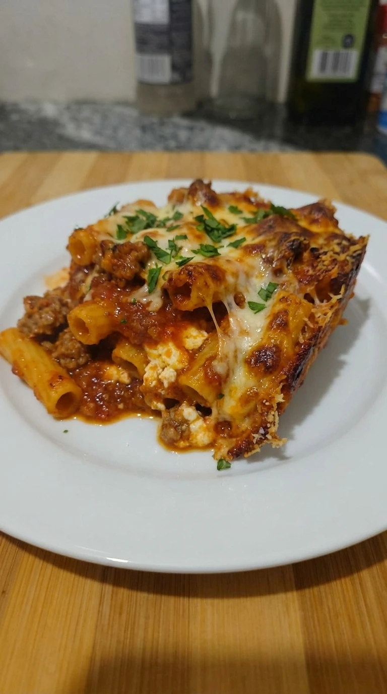 Plated serving of Baked Ziti Recipe with melted mozzarella.