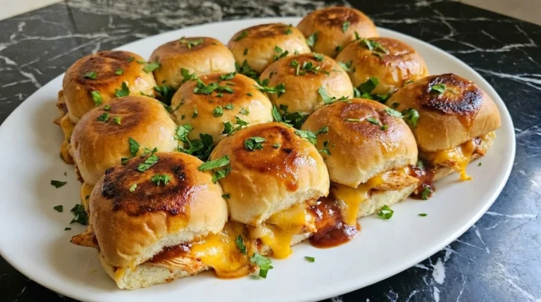 BBQ Chicken Sliders with shredded barbecue chicken and melted sharp cheddar on soft buns.