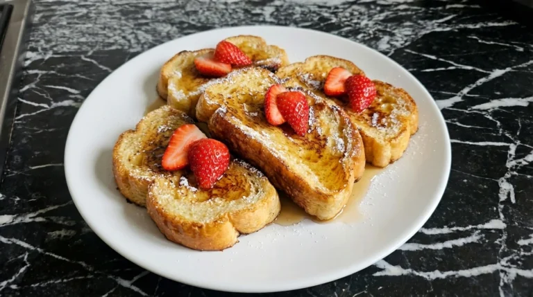 Brioche French Toast on a white plate with strawberries powdered sugar and maple syrup