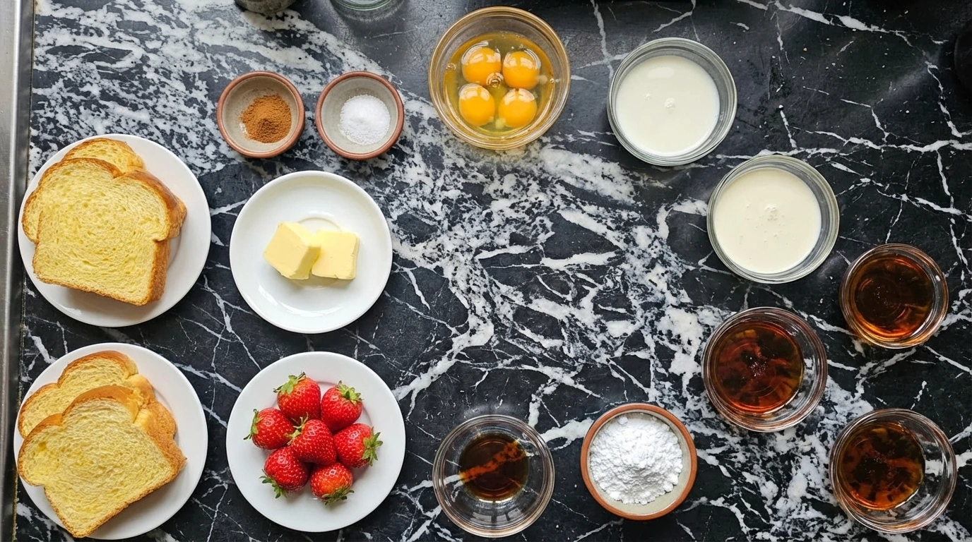 Ingredients for Brioche French Toast arranged in separate small containers