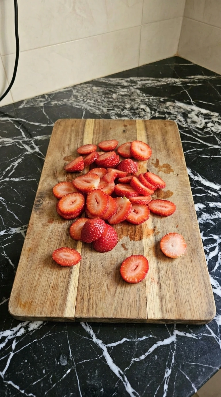 Unevenly sliced strawberries for Brioche French Toast topping