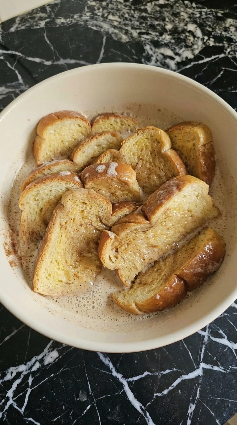 Brioche slices soaking in cinnamon custard