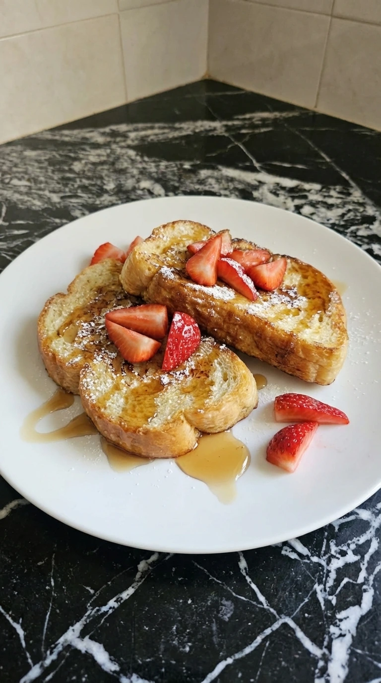 Finished Brioche French Toast plated with strawberries and maple syrup
