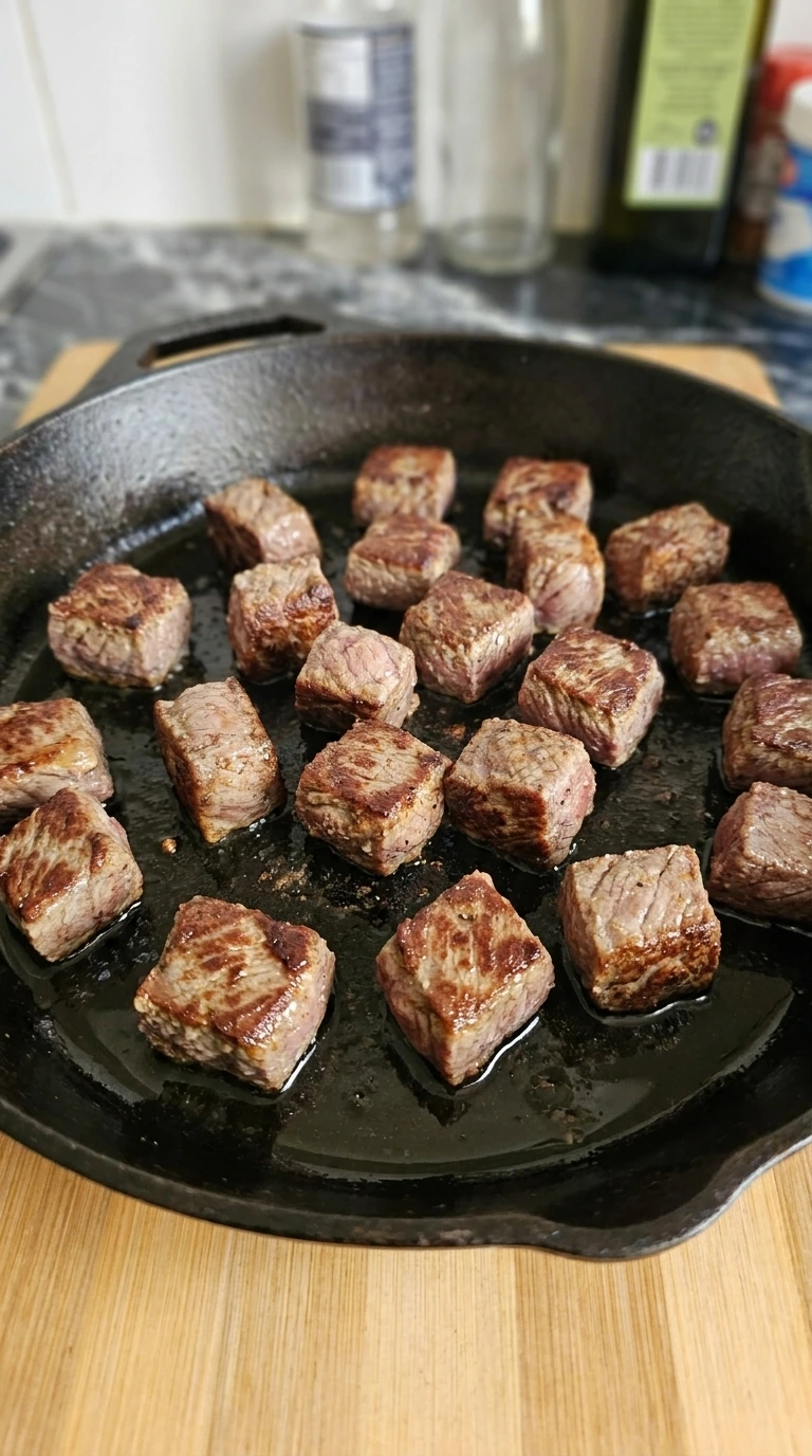Browned beef chuck roast pieces for Irish Beef Stew
