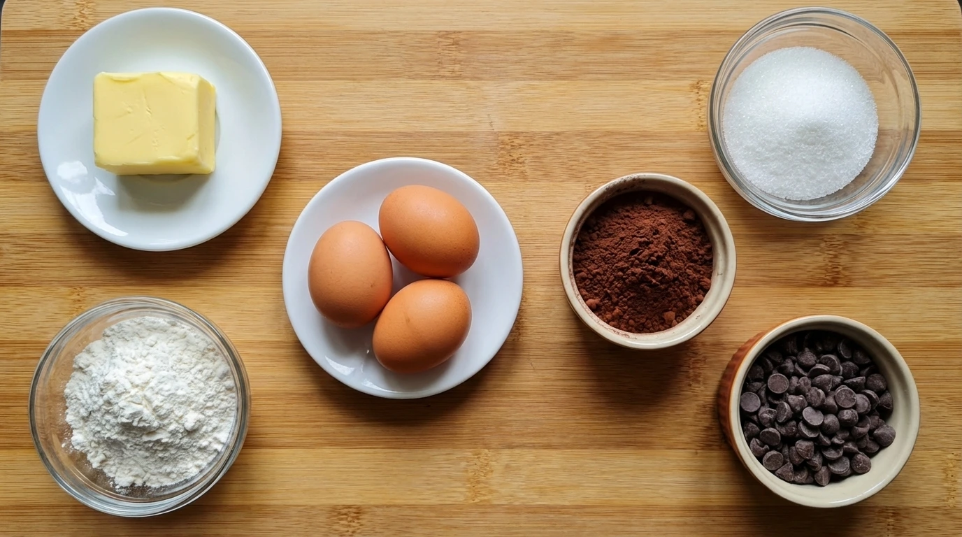 Ingredients for fudgy brownies in separate containers