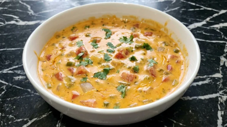 Cheesy Queso Dip in a white bowl with melted sharp cheddar Monterey Jack tomatoes green chiles and cilantro.