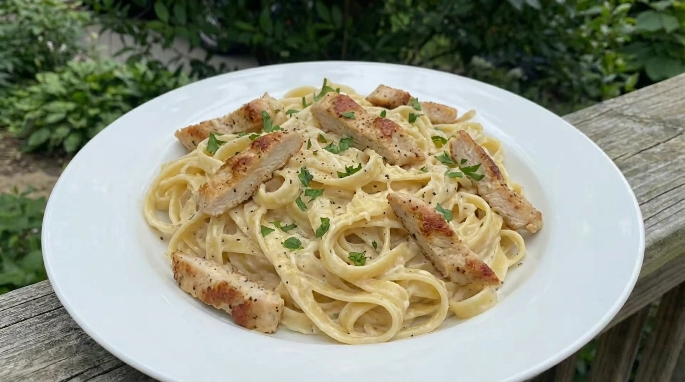 Homemade chicken alfredo on a white plate with creamy fettuccine and browned chicken pieces.