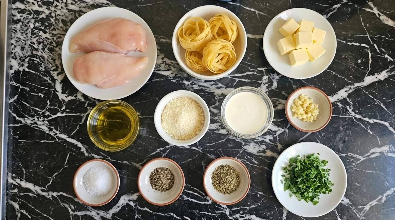 Separate containers holding raw ingredients for chicken alfredo.