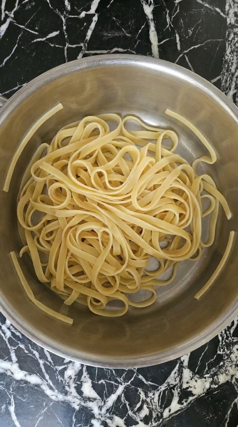 Fettuccine softening in a large pot for chicken alfredo.