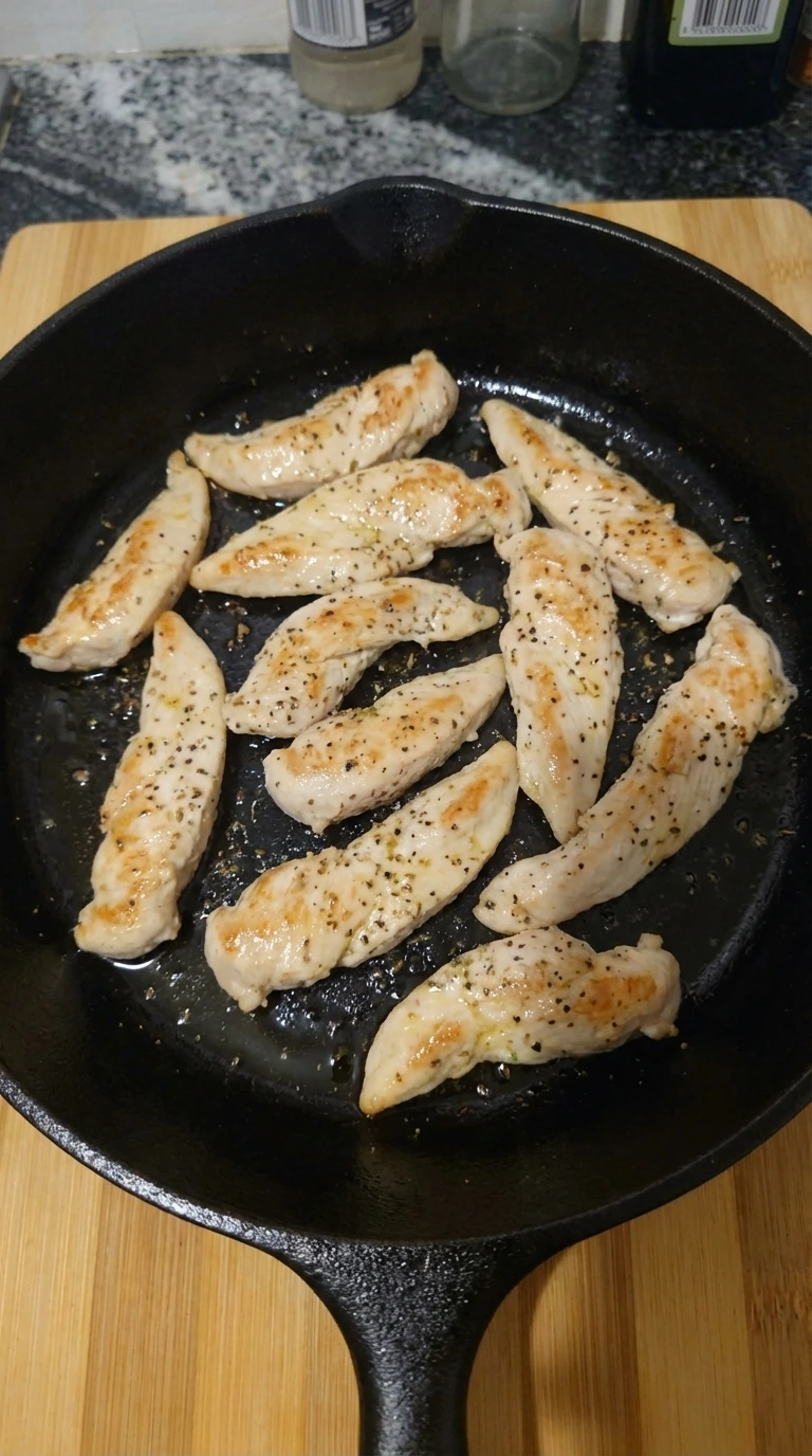 Chicken strips browning in a skillet for chicken alfredo.