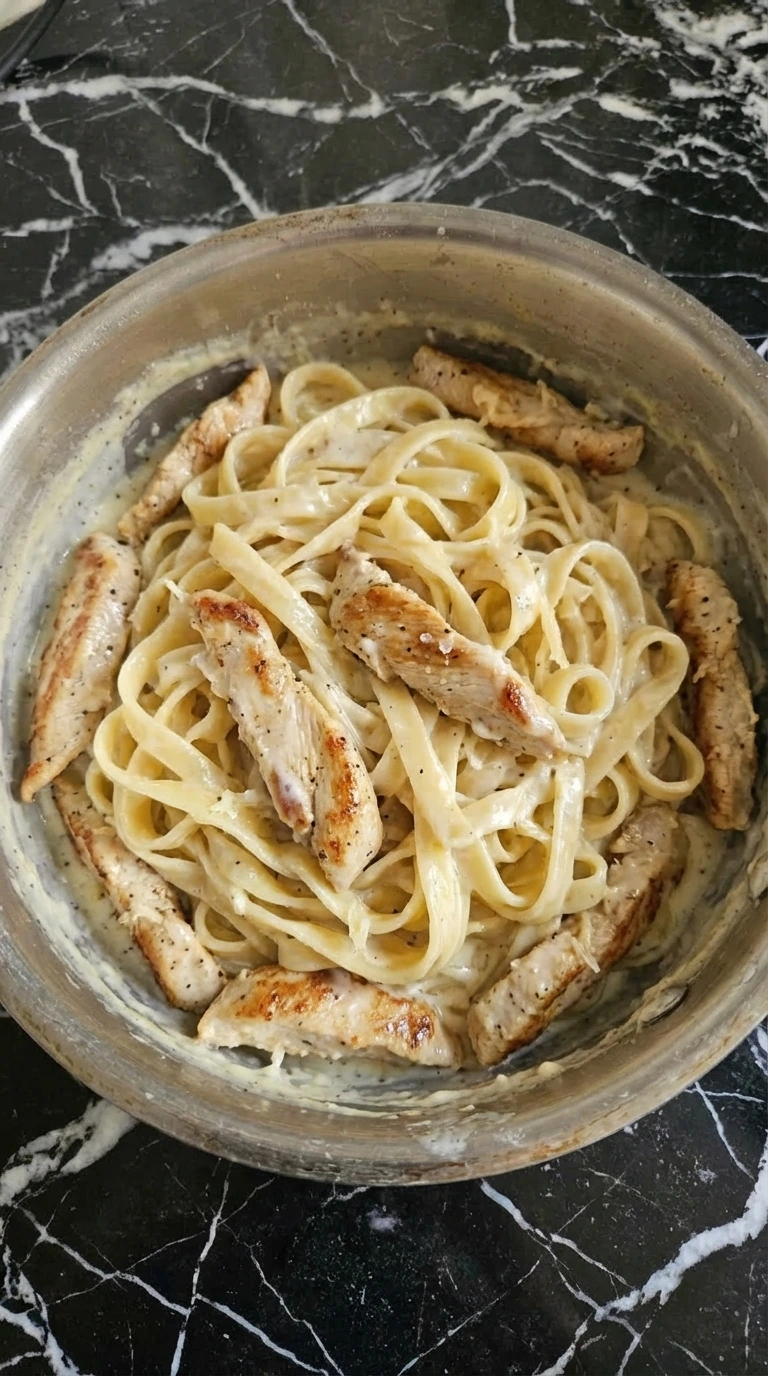 Chicken and fettuccine coated in creamy alfredo sauce.