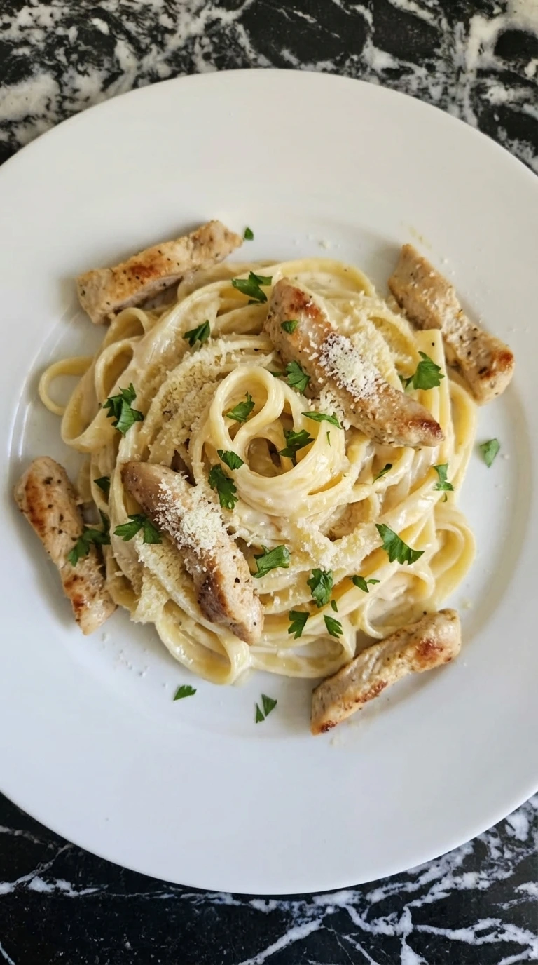 Plated chicken alfredo with parsley and parmesan on a white plate.