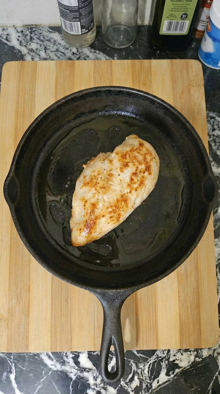 chicken breast flipped in skillet with melted butter being spooned over