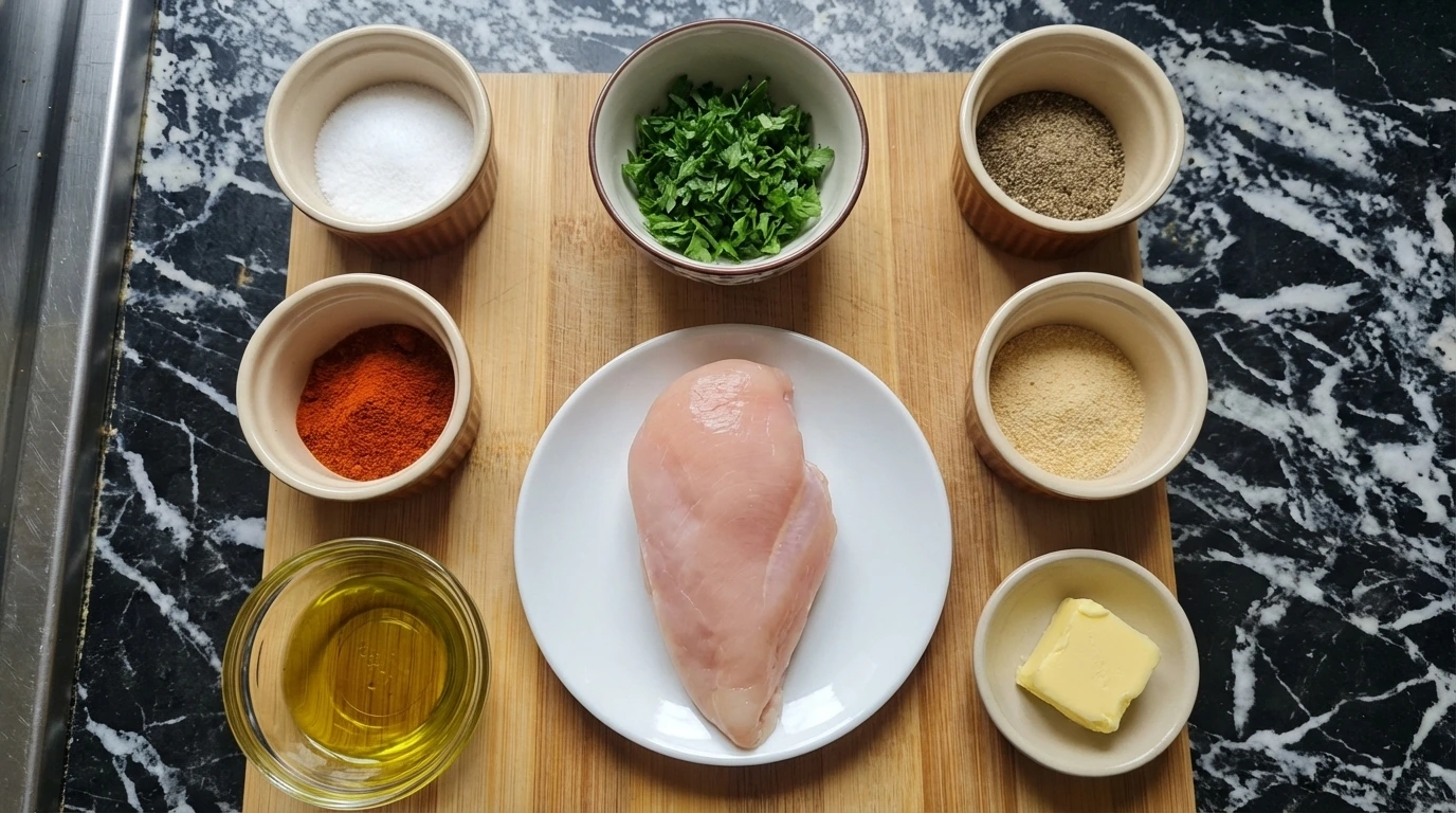 ingredients for pan seared chicken breast in separate bowls