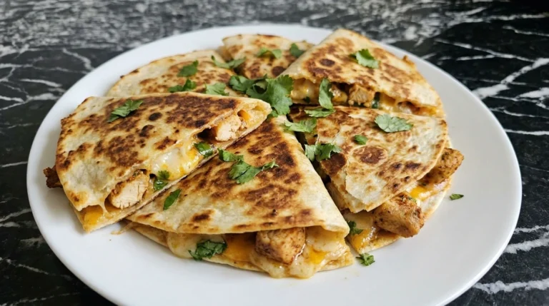 Chicken Quesadillas on a white plate with golden tortillas melted cheese and seasoned chicken filling.