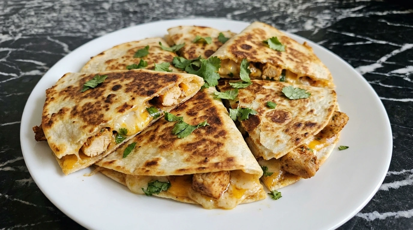 Chicken Quesadillas on a white plate with golden tortillas melted cheese and seasoned chicken filling.