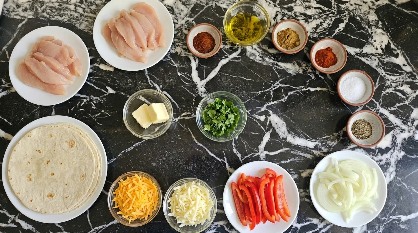 Ingredients for Chicken Quesadillas arranged in separate small containers.