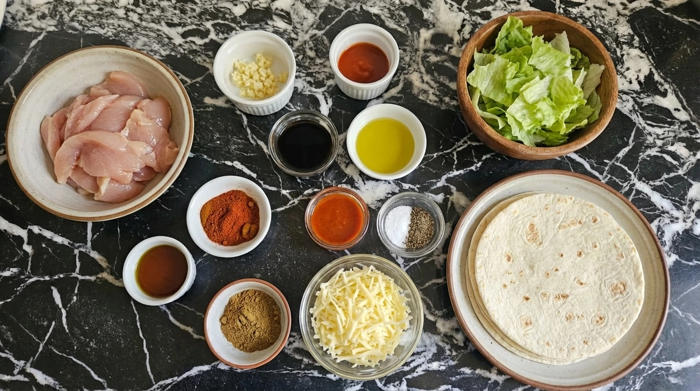 ingredients for creamy garlic chicken wraps in separate bowls