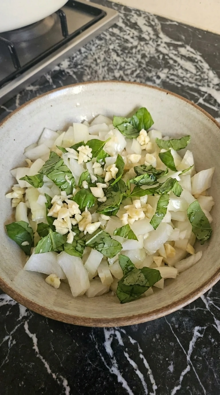 chopped onion garlic and basil