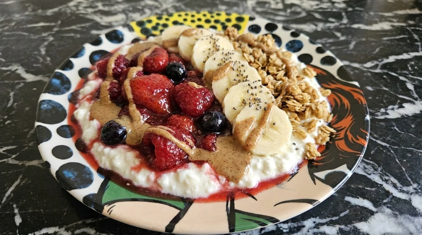 Cottage Cheese Protein Bowl with warm berries banana granola and almond butter in a white bowl