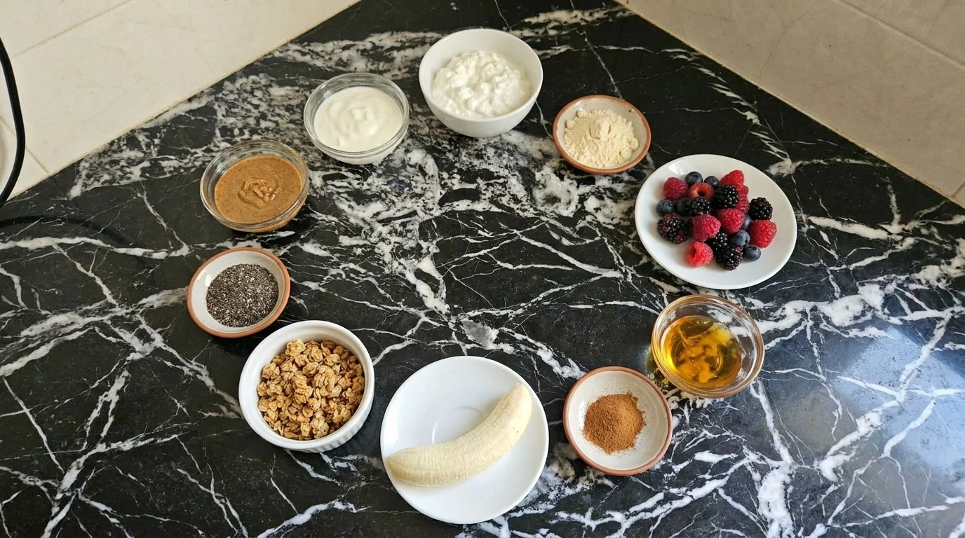 Raw ingredients for Cottage Cheese Protein Bowl arranged in separate containers