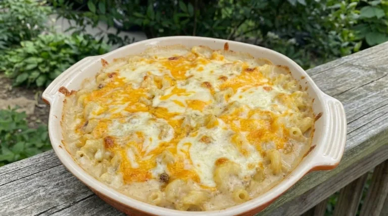 Creamy baked mac and cheese with golden uneven melted cheese top