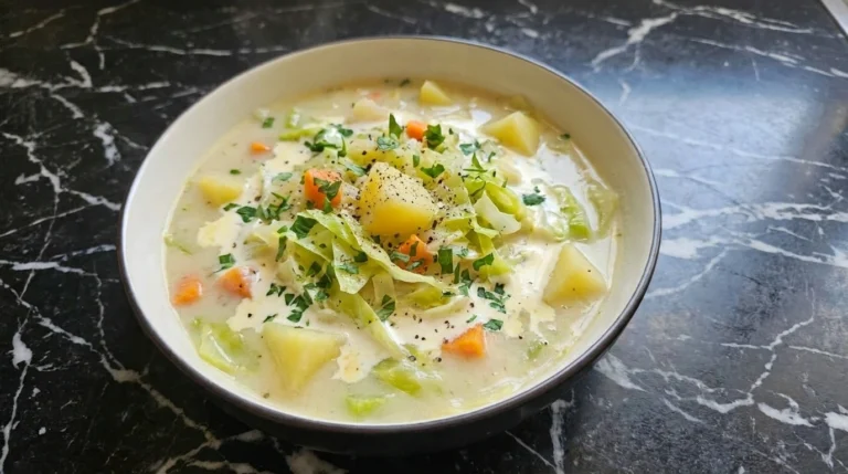 Creamy Cabbage Soup with tender cabbage potato carrot and parsley in a bowl