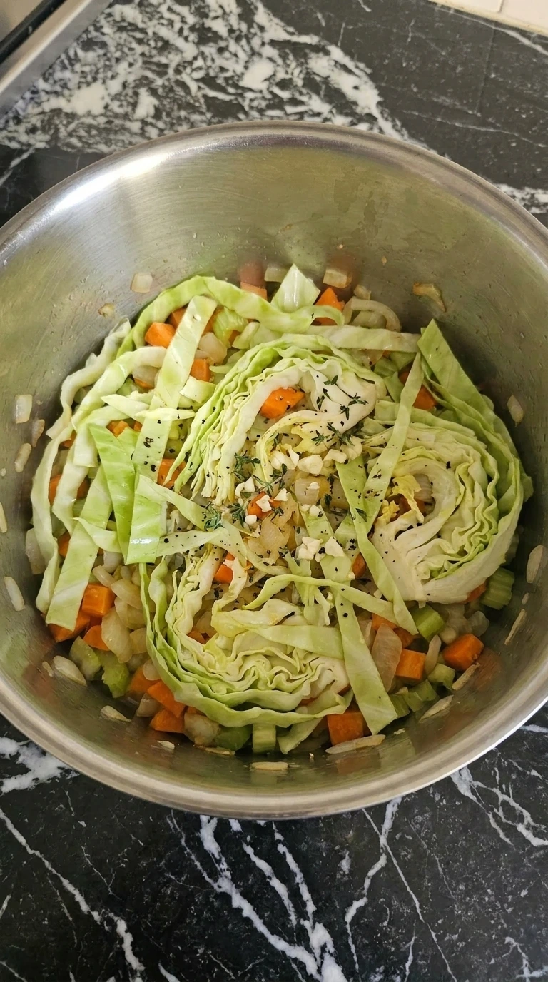 Green cabbage wilting with garlic and thyme for Creamy Cabbage Soup