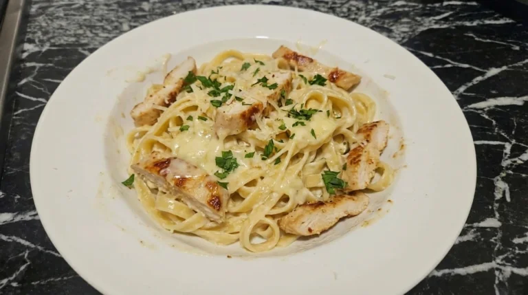 Creamy Chicken Alfredo Pasta plated with golden chicken, rich sauce, and parmesan
