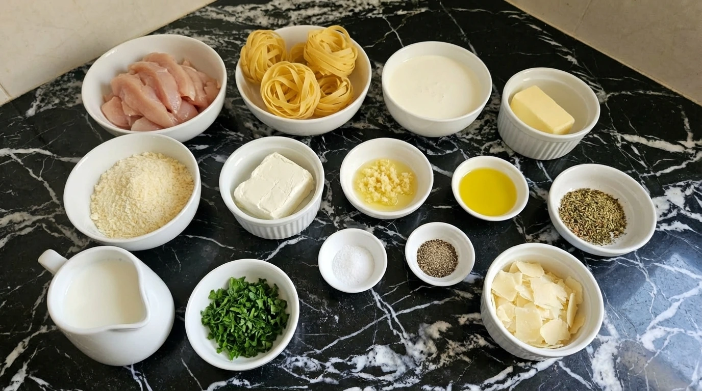 Ingredients for Creamy Chicken Alfredo Pasta in separate small bowls