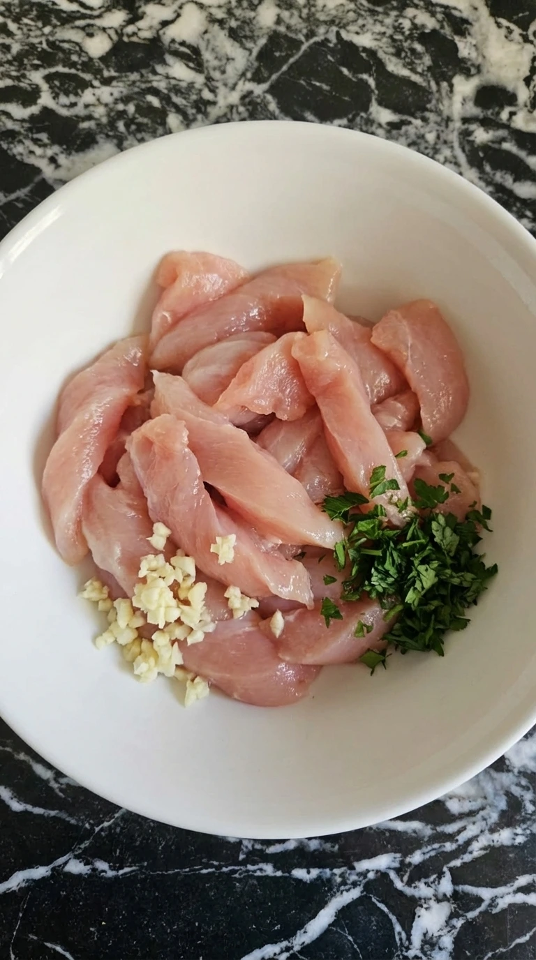 Raw chicken strips and measured ingredients prepared for Alfredo pasta