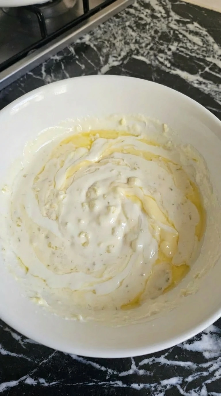 Creamy Alfredo sauce base partially mixed in white bowl