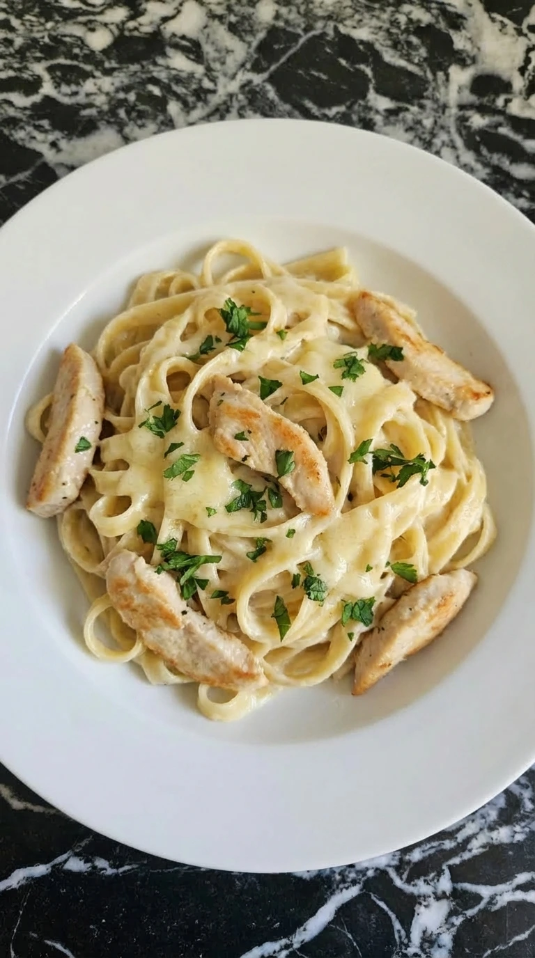 Plated Creamy Chicken Alfredo Pasta ready to serve