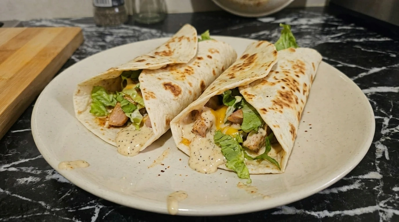 creamy garlic chicken wraps with melted cheese and sauce