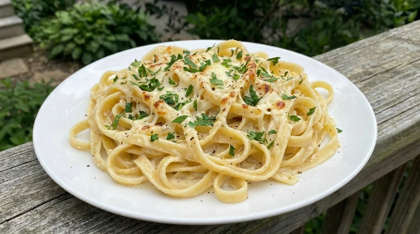 Creamy Garlic Parmesan Pasta served on a white plate with fettuccine and parsley.