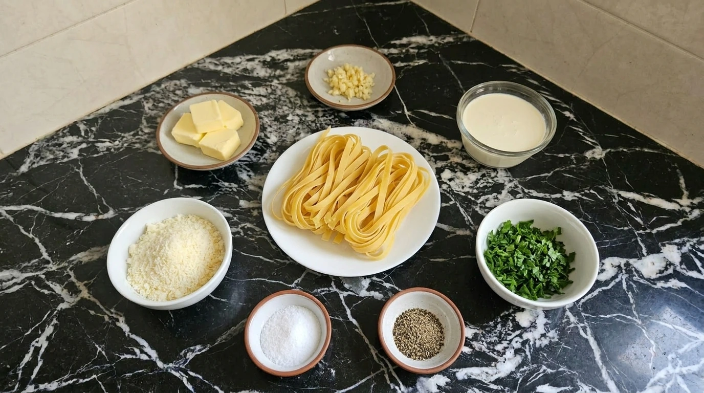 Ingredients for Creamy Garlic Parmesan Pasta arranged in separate small containers.