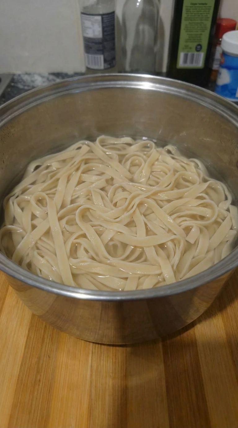 Fettuccine softening in water for Creamy Garlic Parmesan Pasta.