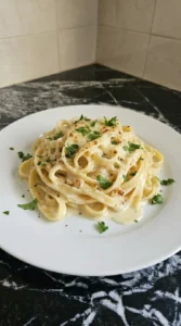 Plated Creamy Garlic Parmesan Pasta with parsley and parmesan.