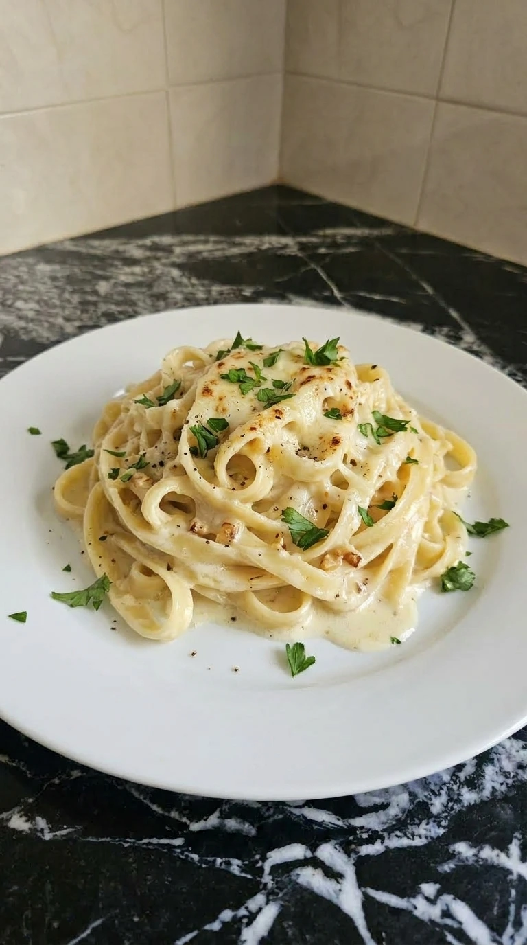 Plated Creamy Garlic Parmesan Pasta with parsley and parmesan.