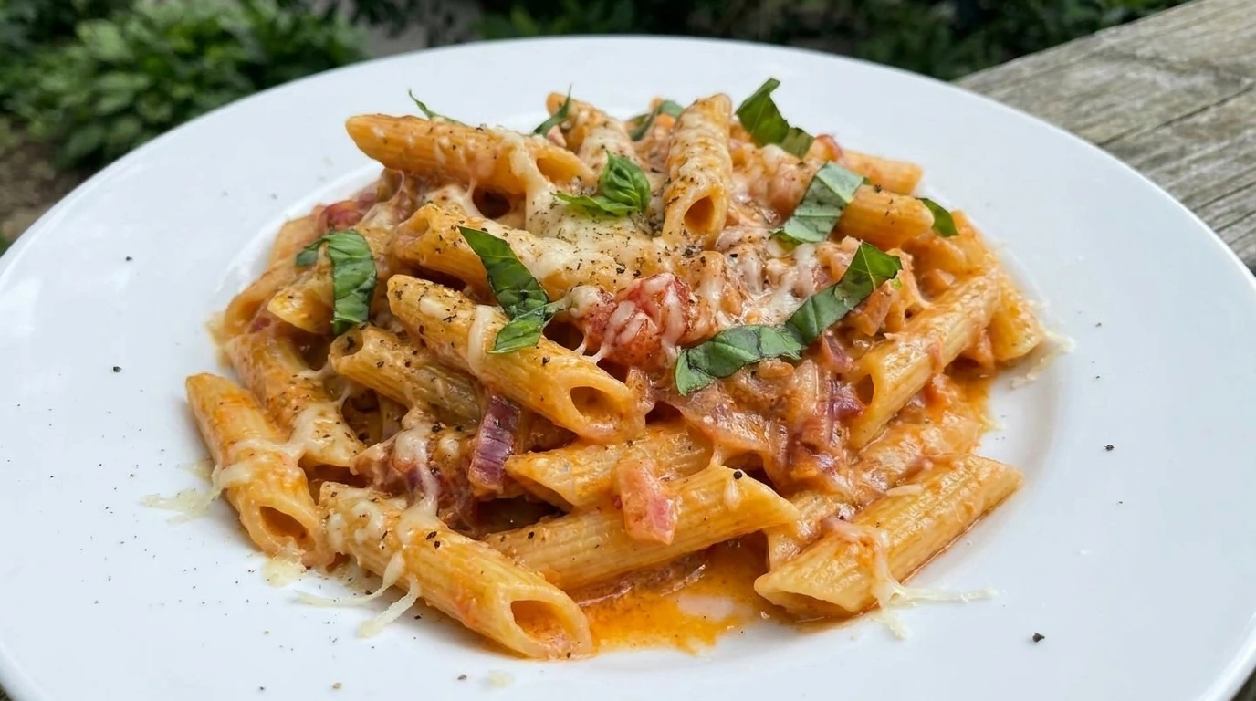 Creamy Tomato Pasta on a white plate with penne in a silky tomato cream sauce and basil.