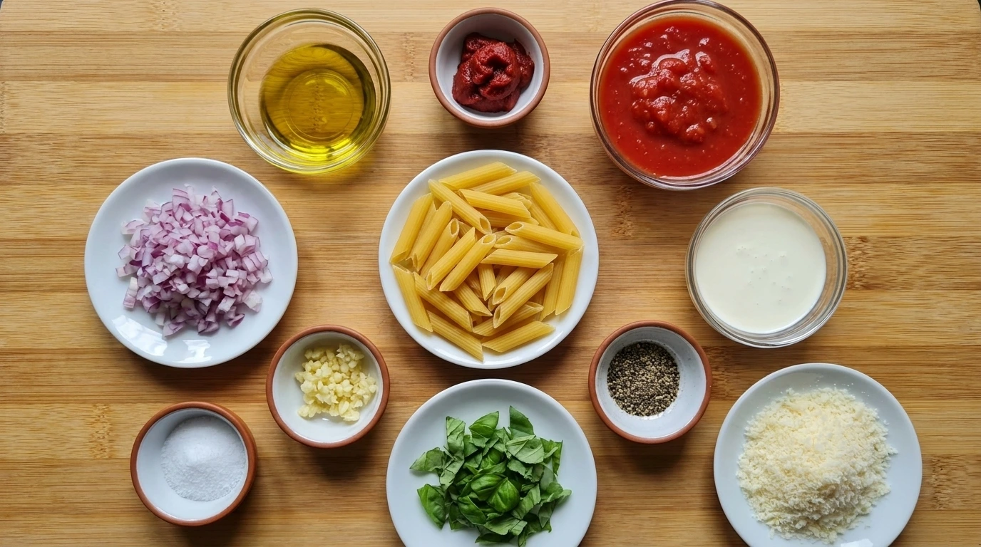 Raw ingredients for Creamy Tomato Pasta in separate small containers.