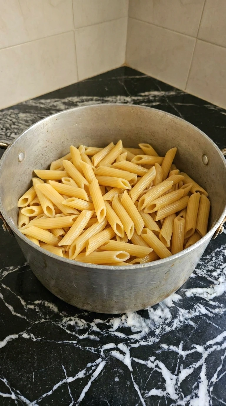 Cooked penne in a large pot after boiling until tender.