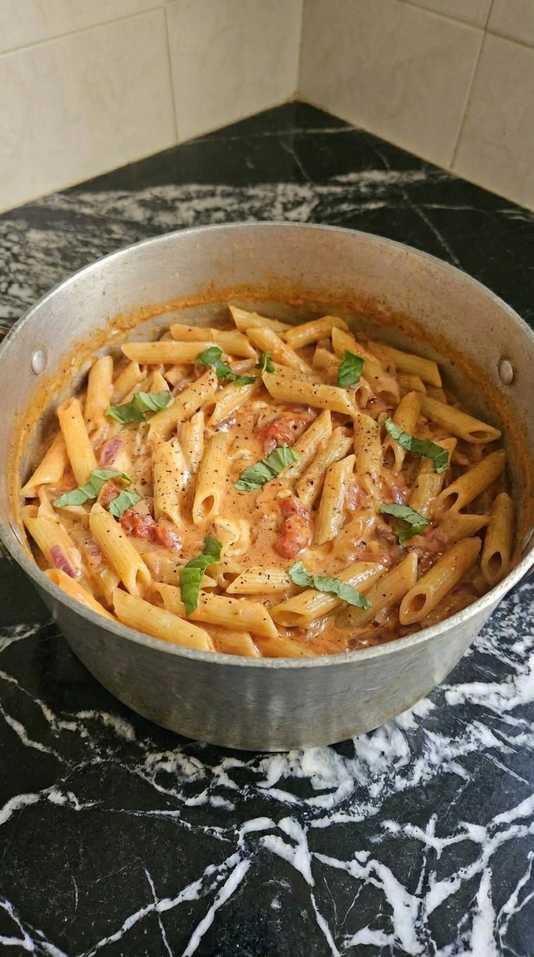 Penne folded into creamy tomato sauce with parmesan and basil.