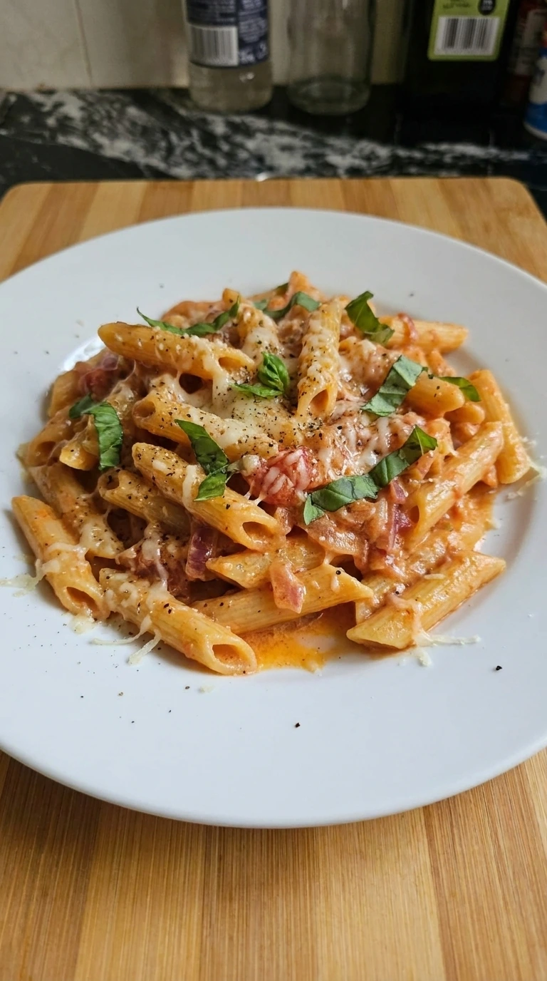Plated Creamy Tomato Pasta with parmesan and basil on a white plate.