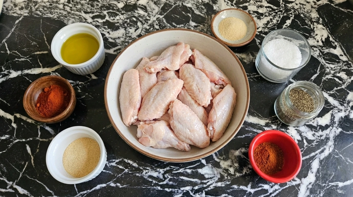 Raw chicken wings and ingredients in bowls